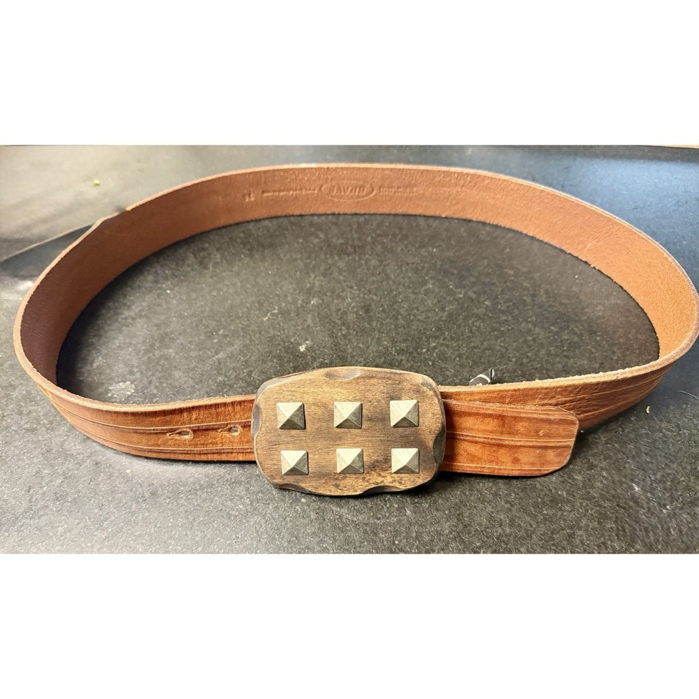 Brave Beltworks Handcrafted Leather Belt Wood Studded Buckle Size 36 USA Rare